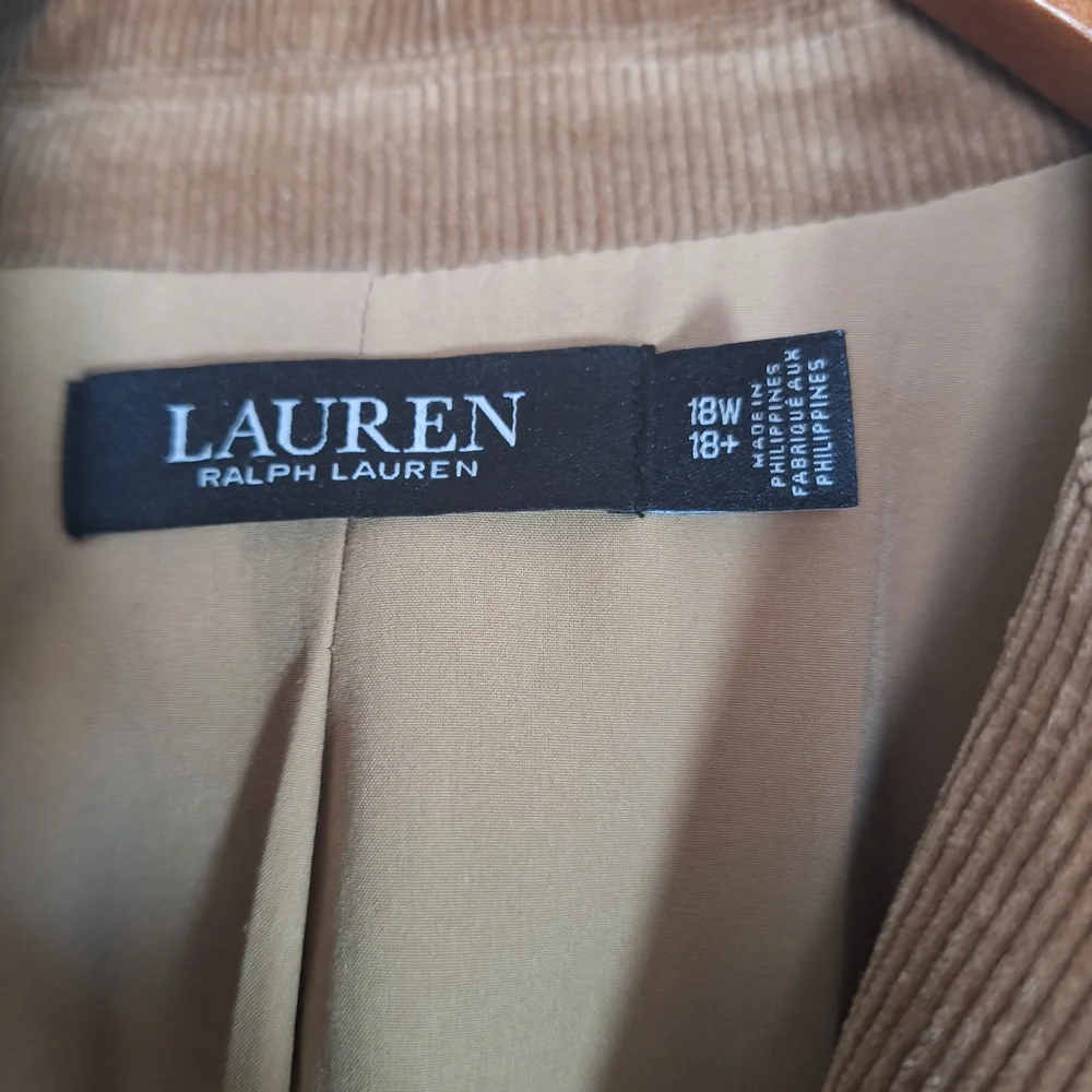 Lauren Ralph Lauren Corduroy Blazer Tan Bullion Crest Patch Sport Coat Size 18W - Picture 4 of 7
